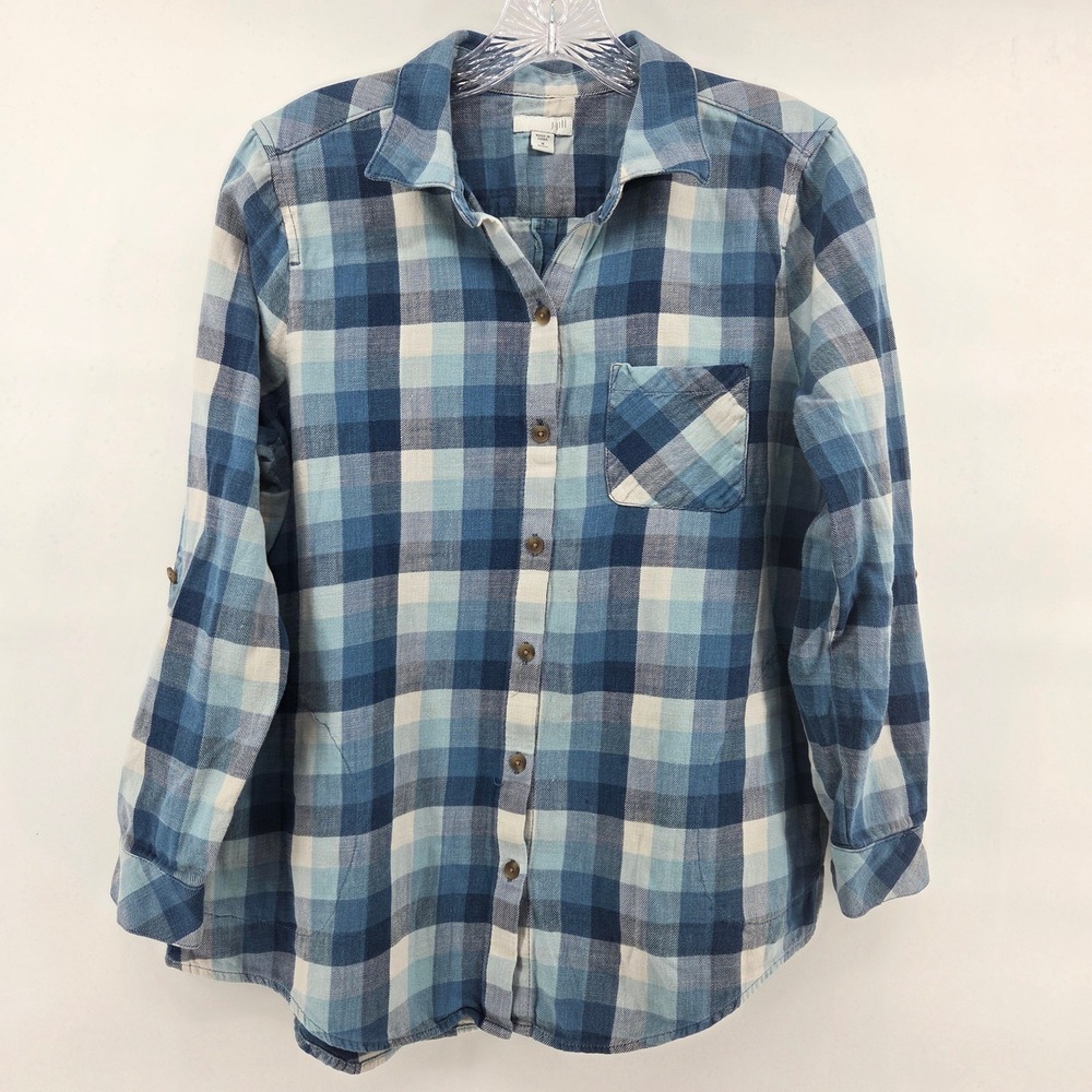 J. Jill‎ Plaid Button Down Shirt Size M Petite Blue Flannel Eclectic Cabincore
